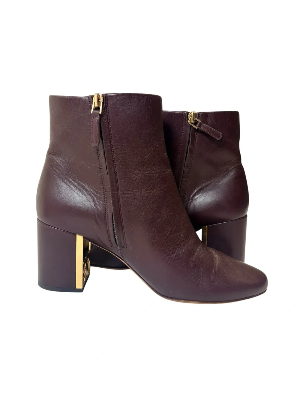 Tory Burch Burgundy Leather Block Heel Ankle Booties Gold Logo Heel Size 10.5M
